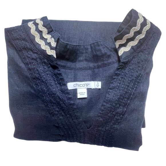 CHICO'S Rick Rack Trim Blouse Top Size 3 Size 16 Linen V-Neck Long Sleeve Navy - Picture 15 of 15